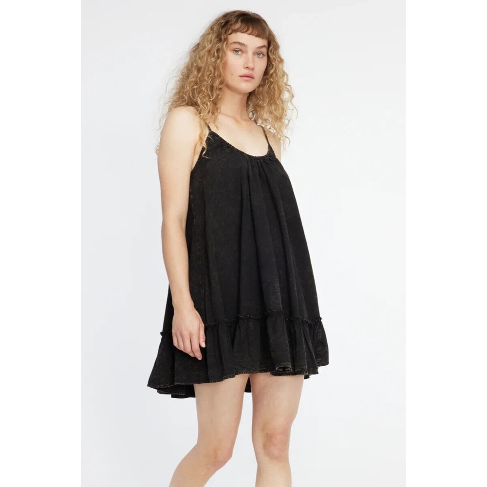 LACAUSA Medium Reina Mini Dress Black Mineral Wash Sleeveless Ruffle Hem New